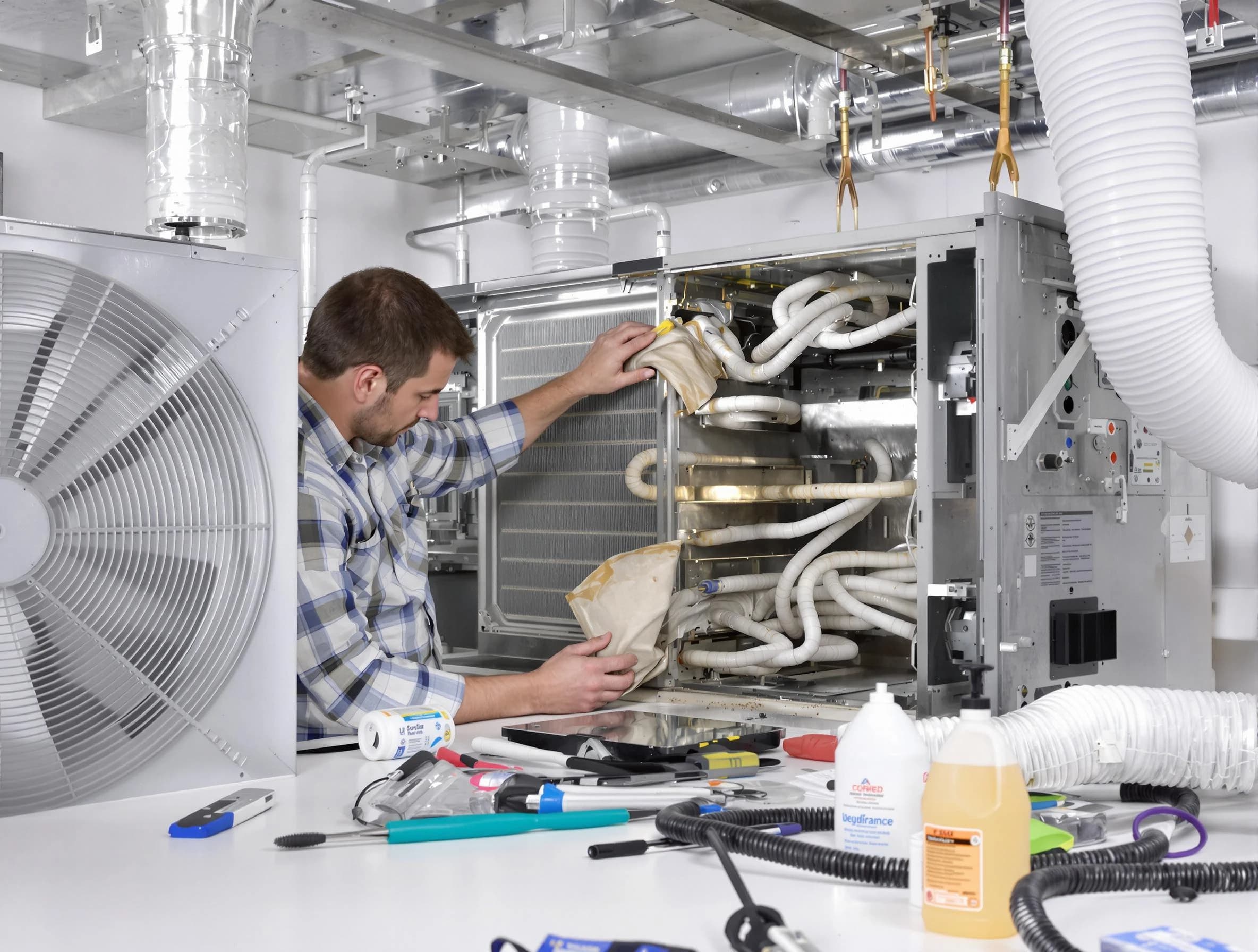 Sunset Air Duct Cleaning specialist performing precision AC coil cleaning in Sunset