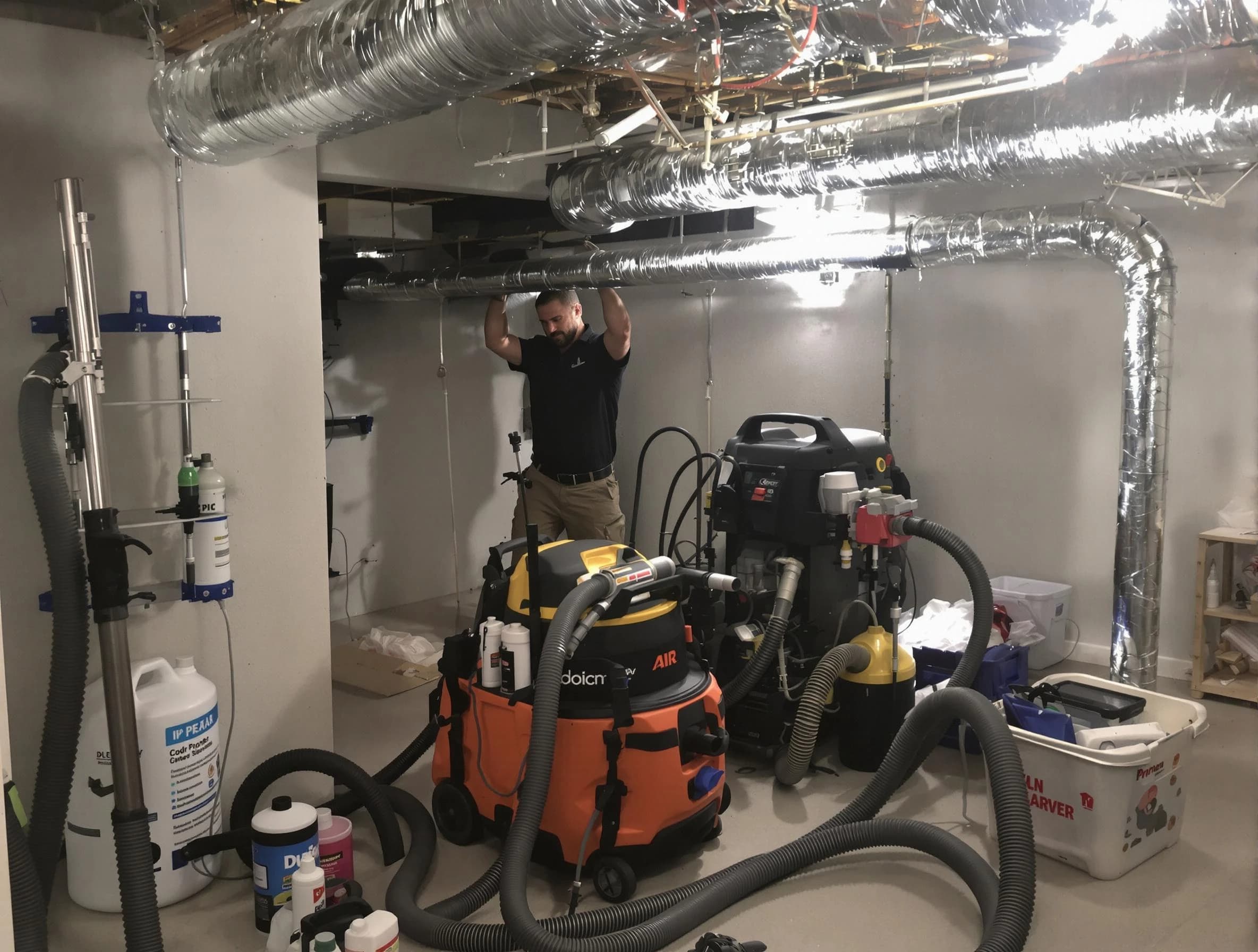 Sunset Air Duct Cleaning specialist performing professional mold removal from air ducts using safety equipment in Sunset