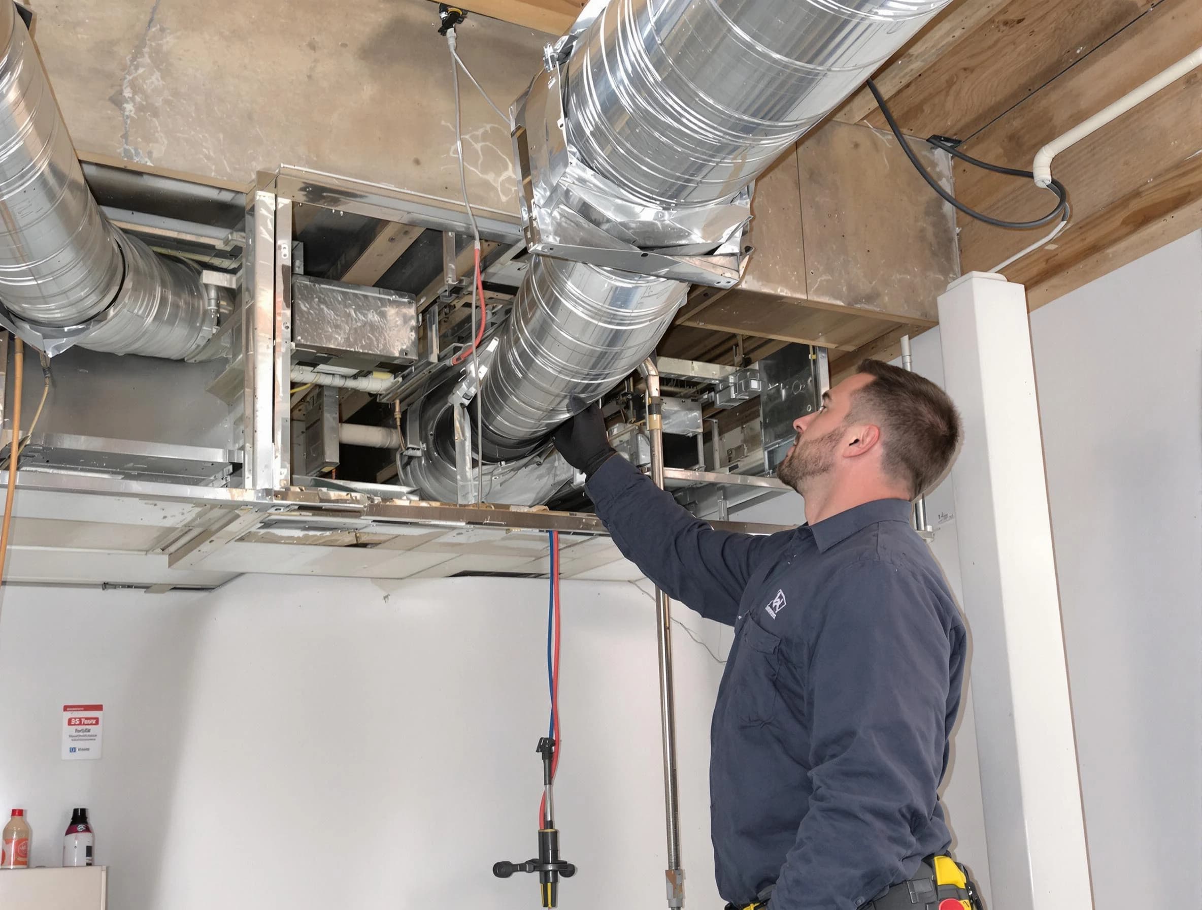Sunset Air Duct Cleaning technician performing professional air duct repair using specialized tools in Sunset