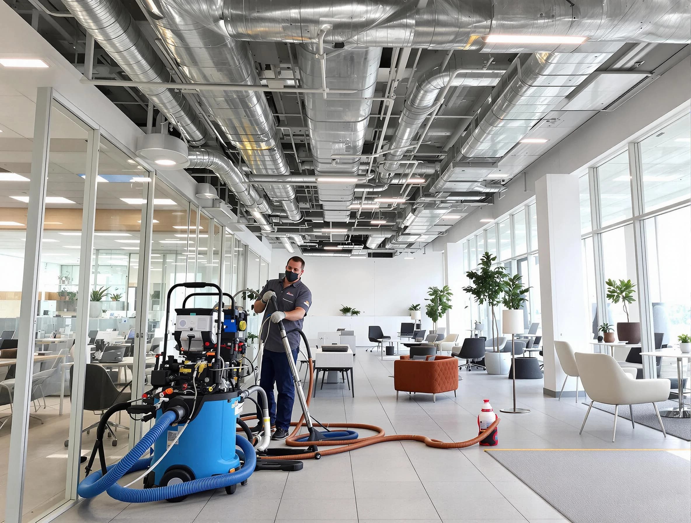 Sunset Air Duct Cleaning team conducting comprehensive commercial duct cleaning at a business location in Sunset