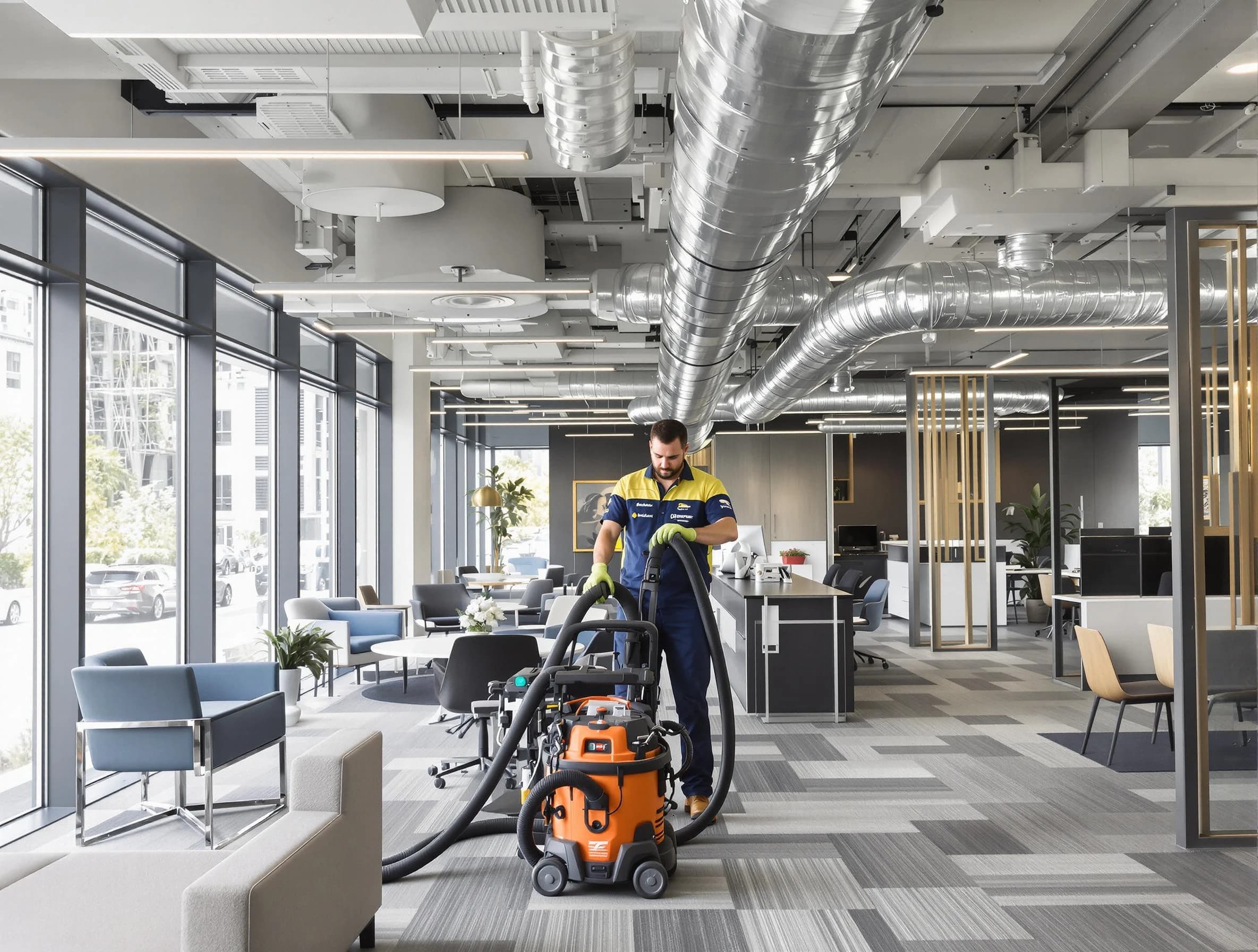 Sunset Air Duct Cleaning team performing thorough commercial duct cleaning at a Sunset business center